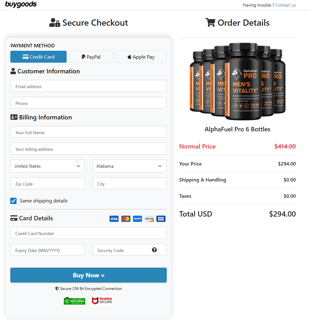 AlphaFuel Pro secure checkout page